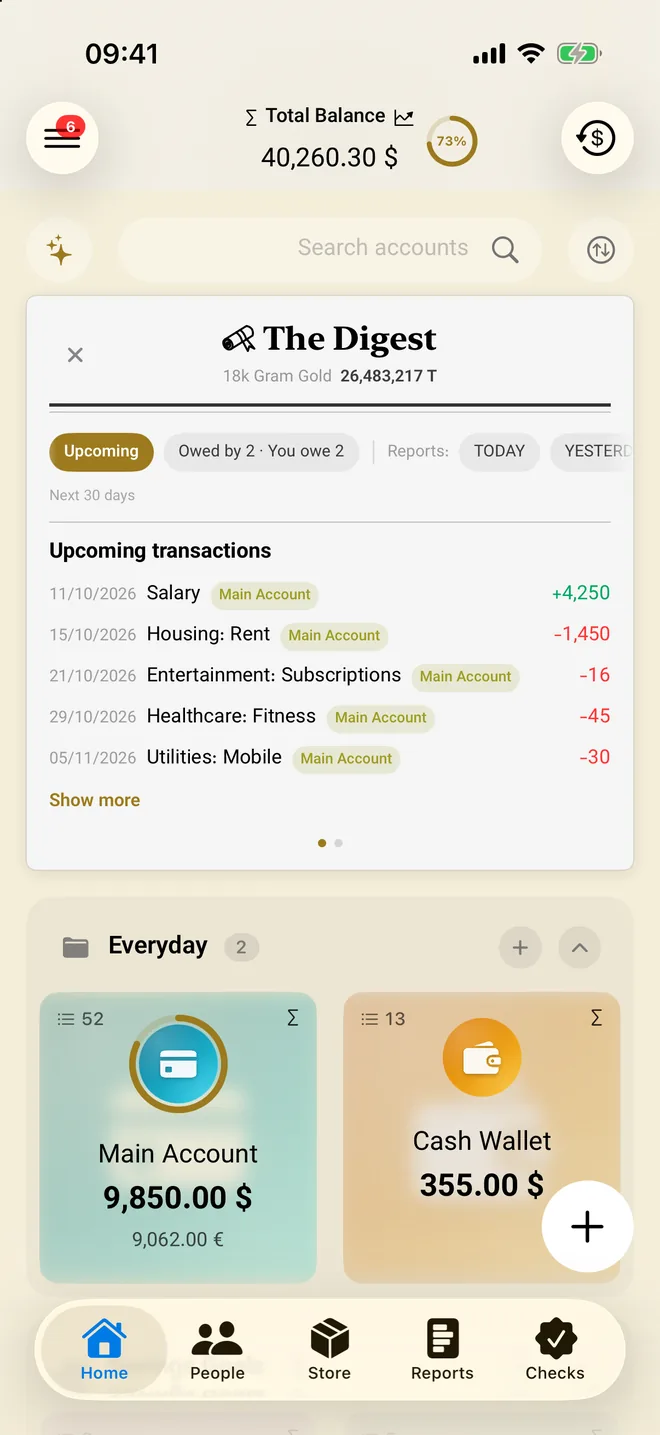 Home screen with total balance, upcoming transactions and account cards