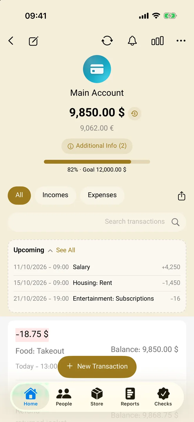 An account with its savings goal progress and transactions