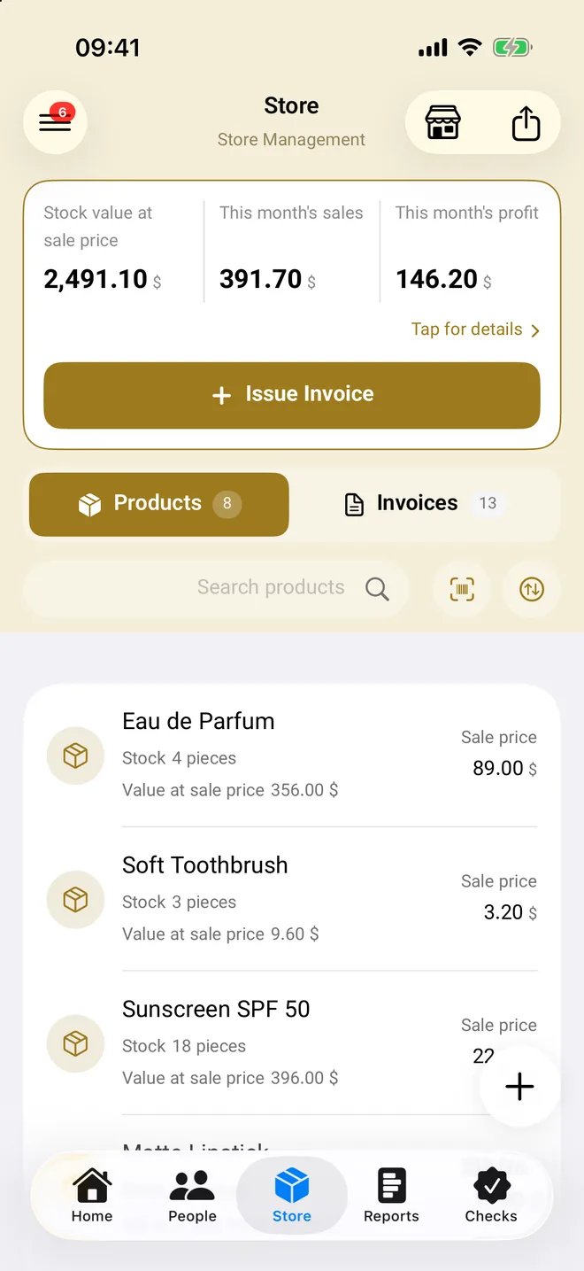 Store dashboard with stock value, monthly sales and profit