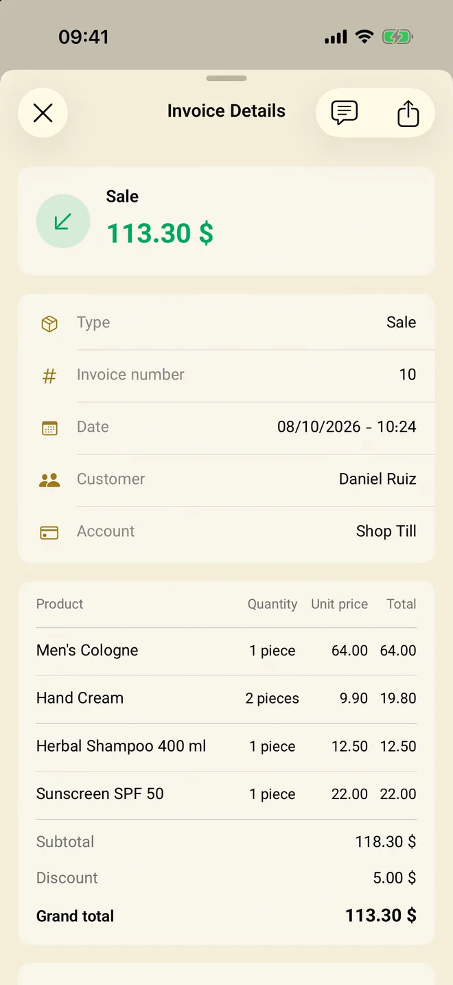 A sales invoice with its line items and totals