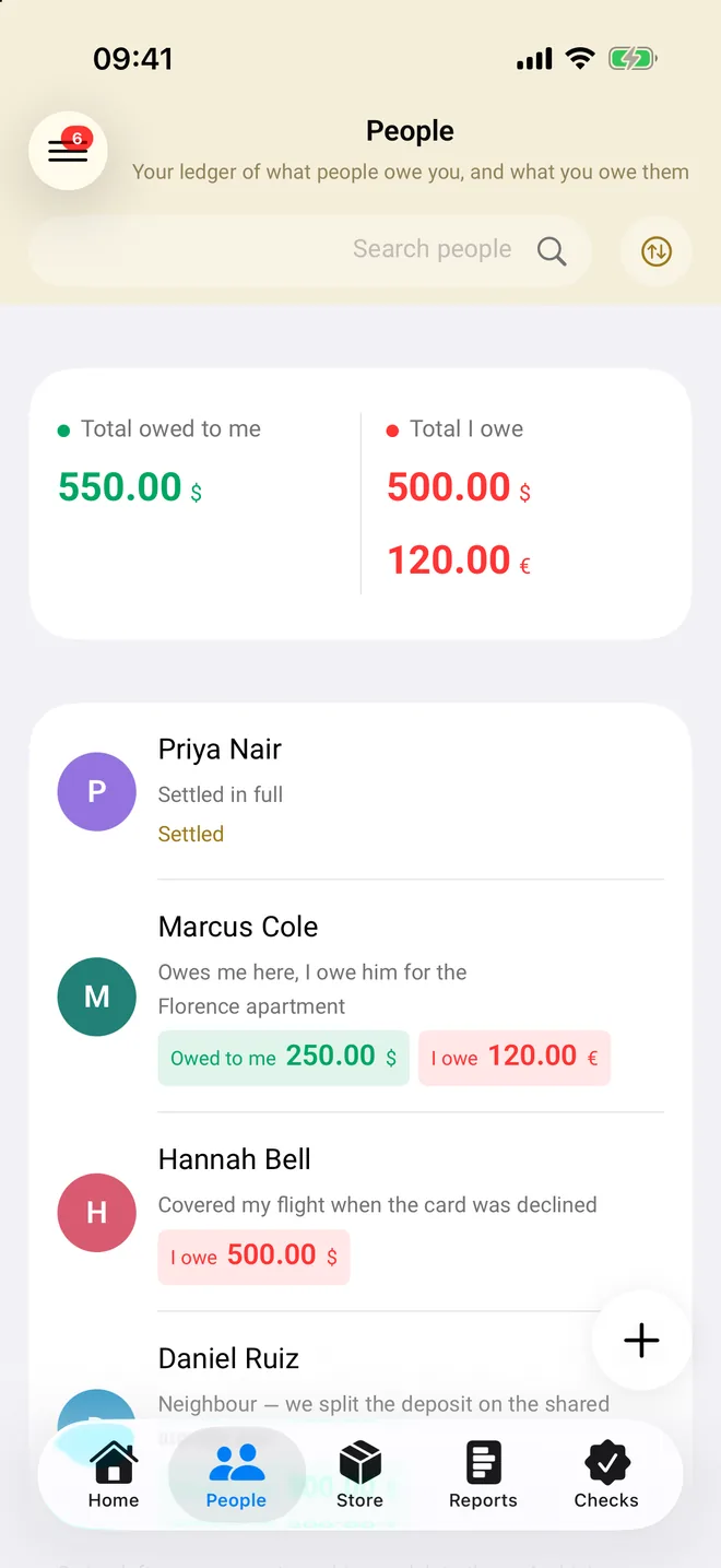 People ledger with what others owe you and what you owe