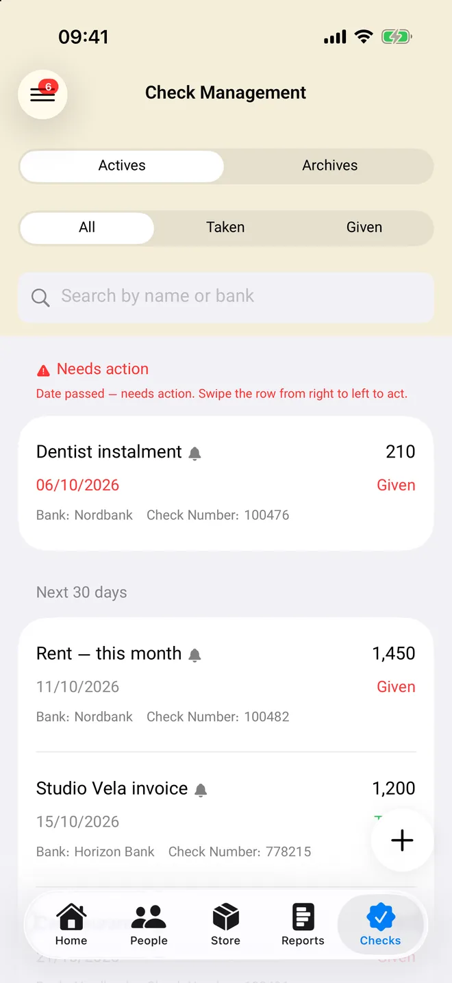 Checks list with amounts and due dates