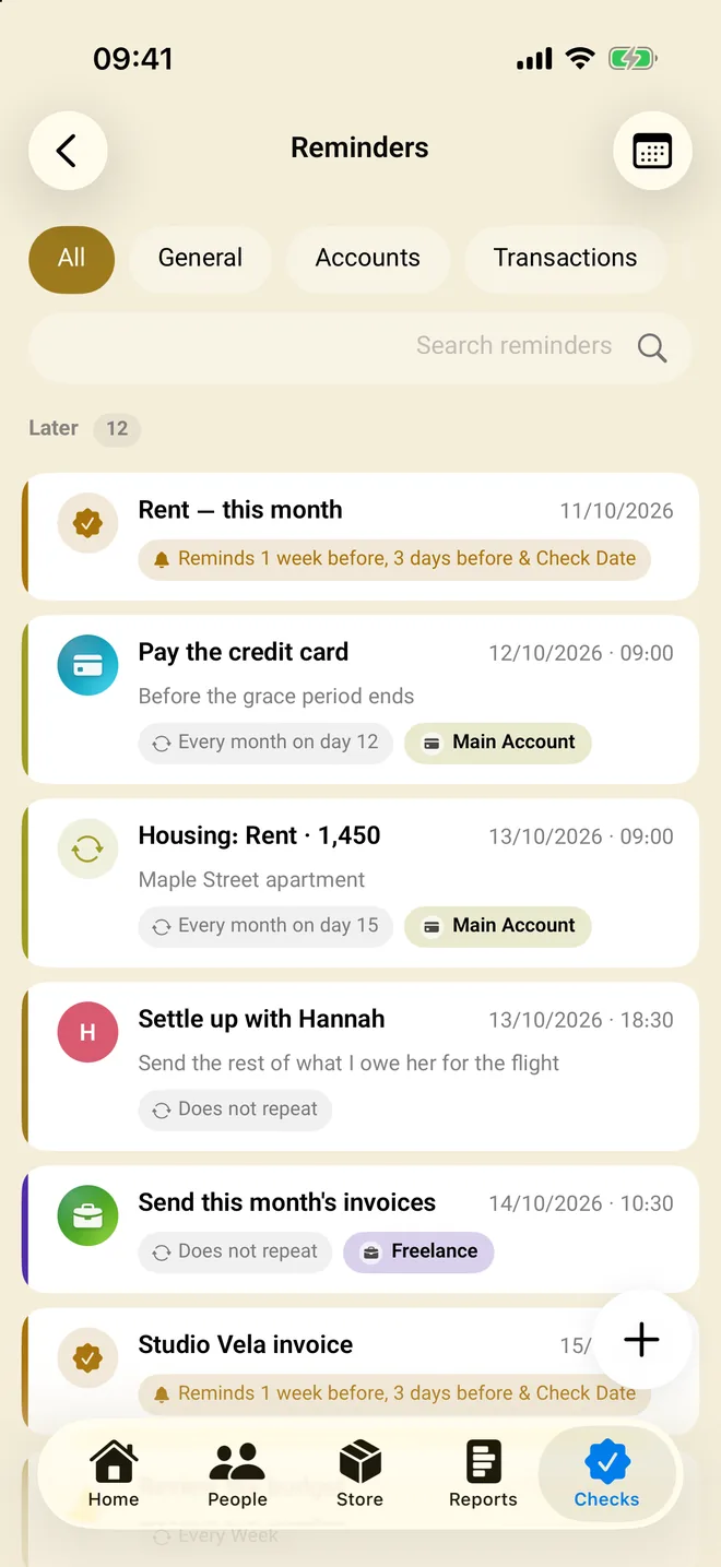 Reminders for upcoming payments and tasks