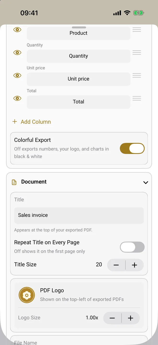 PDF export settings: logo, title, colors and columns