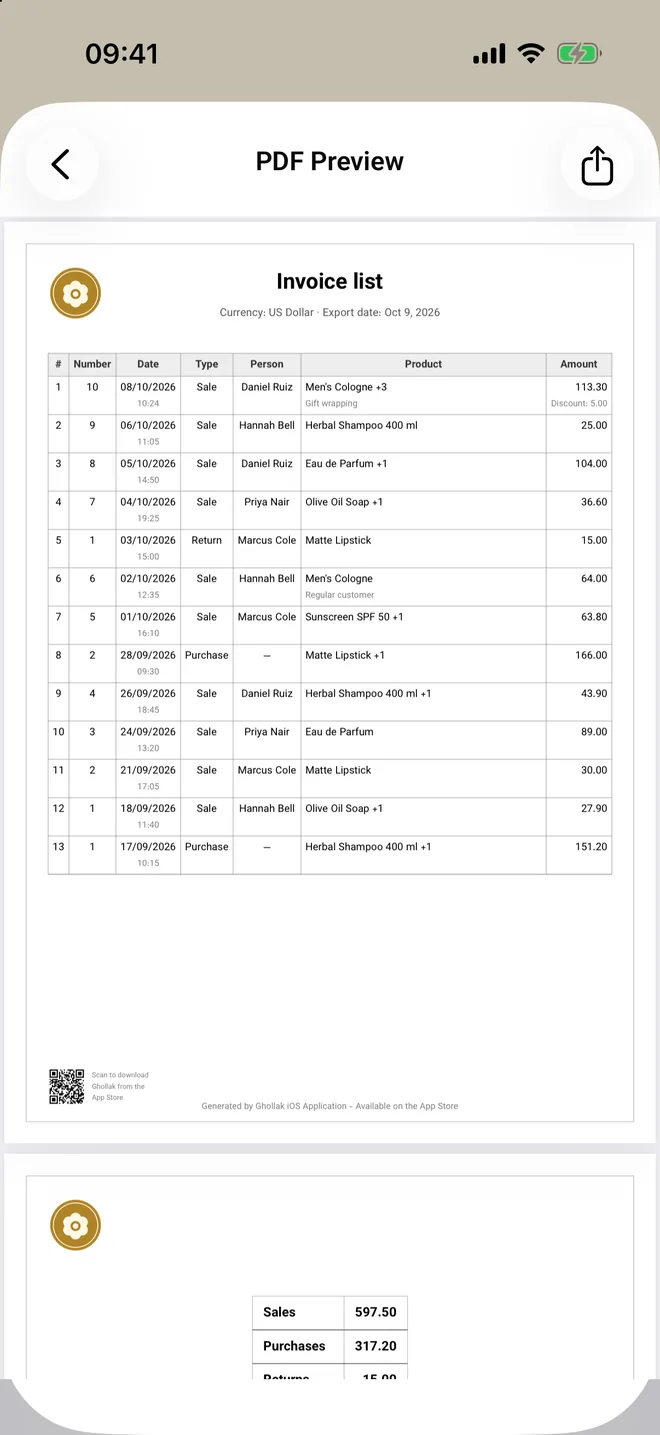 A branded PDF invoice report with your logo, ready to share