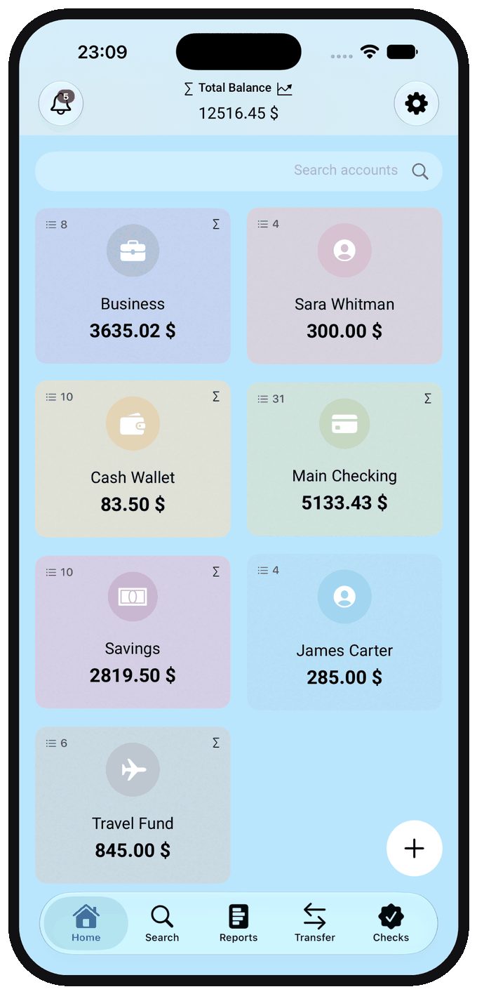 Ghollak showing a list of accounts and their balances in one place, in English