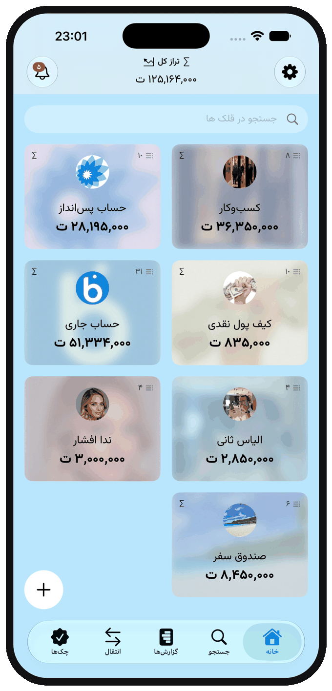 Ghollak showing a list of accounts and their balances in one place, in Persian