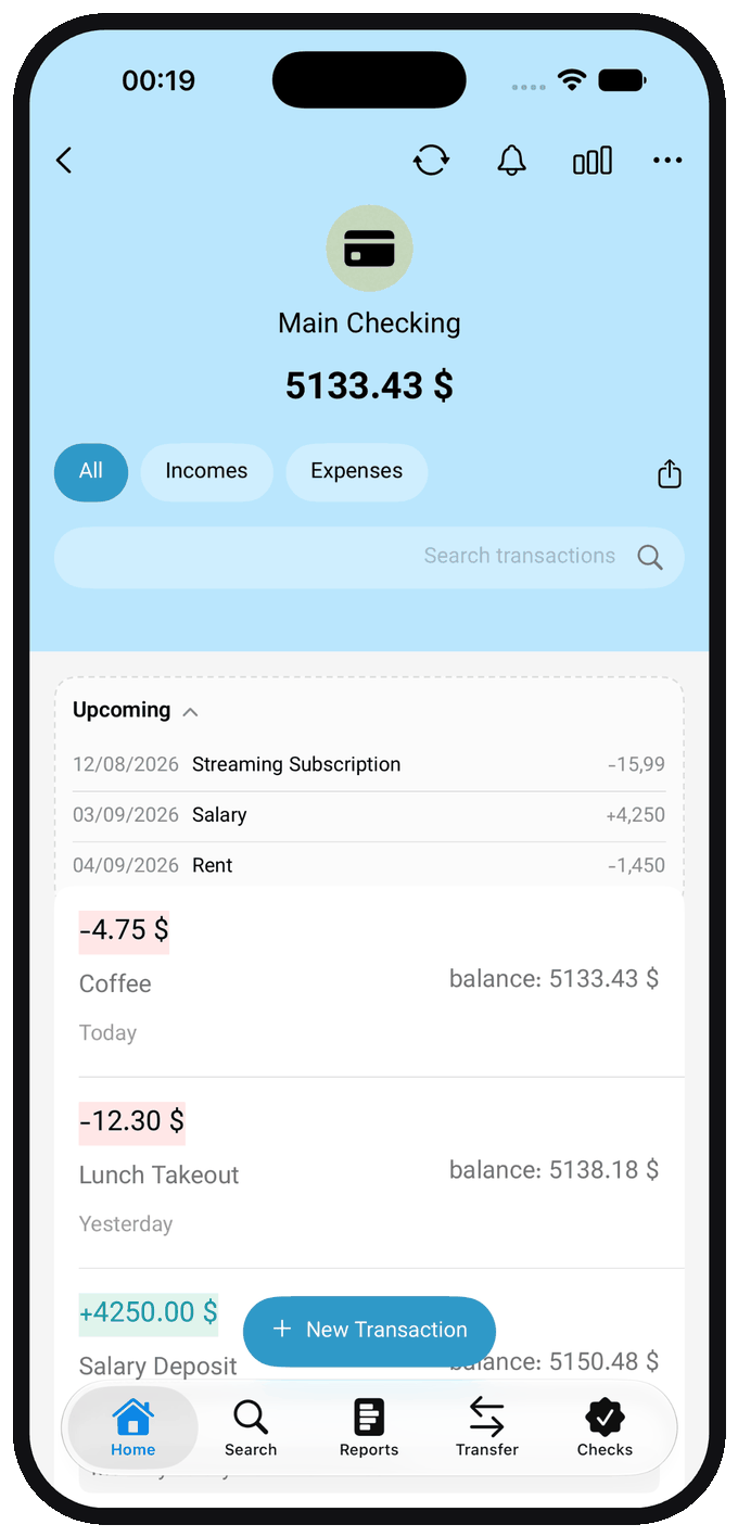 Transaction list for a checking account