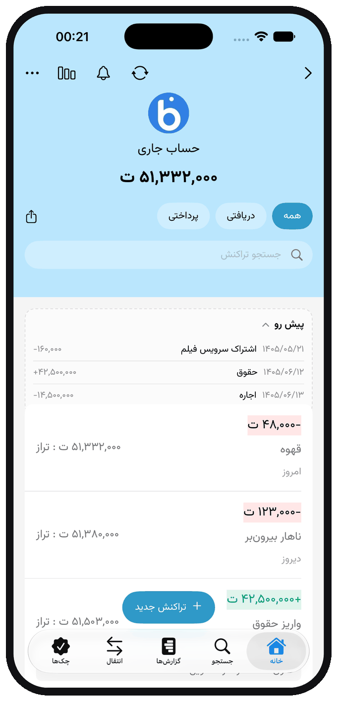 Transaction list shown in Persian