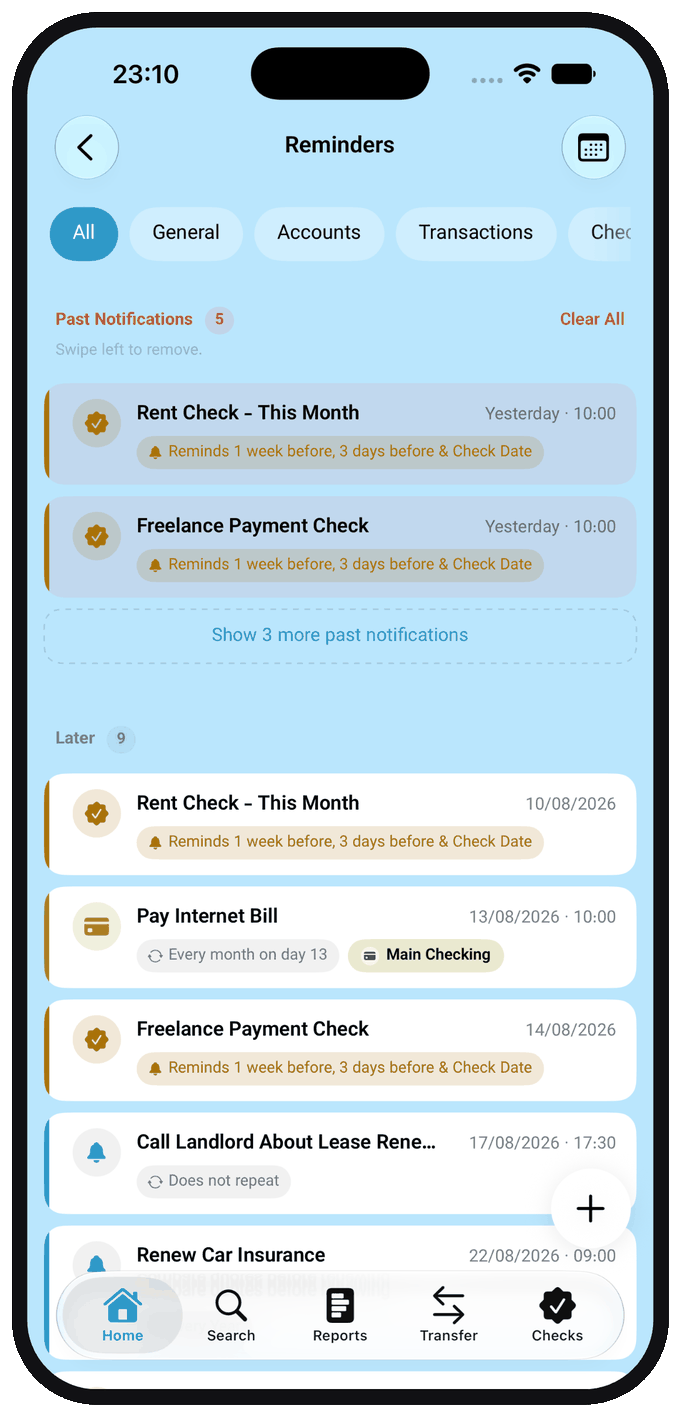 Reminders for upcoming bills and checks