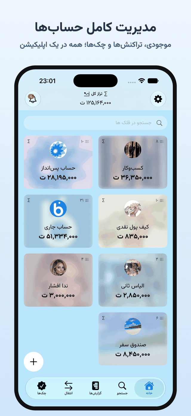All accounts and balances in one place, in Persian