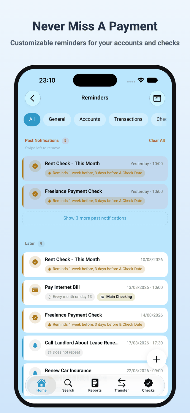 Upcoming reminders for bills and checks